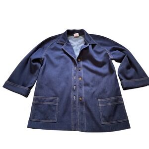 Vintage Graff Californiawear Navy Blue Denim Look Chore Jacket Gold Buttons L